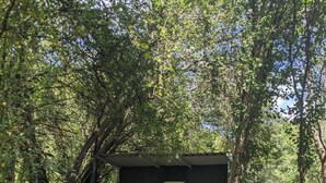 A small, dark-colored building with a door, surrounded by trees and a dirt ground.