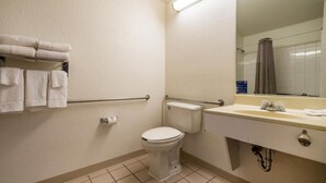 A standard hotel bathroom with a toilet, sink, and handrails.