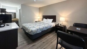 Una habitación de hotel con una cama, mesitas de noche, un escritorio y una silla.
