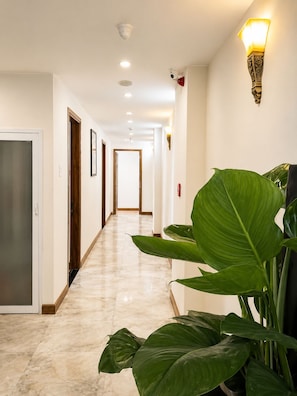 A hotel hallway with a marble floor, wooden doors, and a large green plant.
