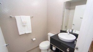 Un baño con inodoro, lavabo y espejo.