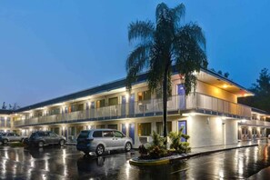 Un motel à plusieurs étages avec un parking, des voitures garées et un palmier au premier plan.