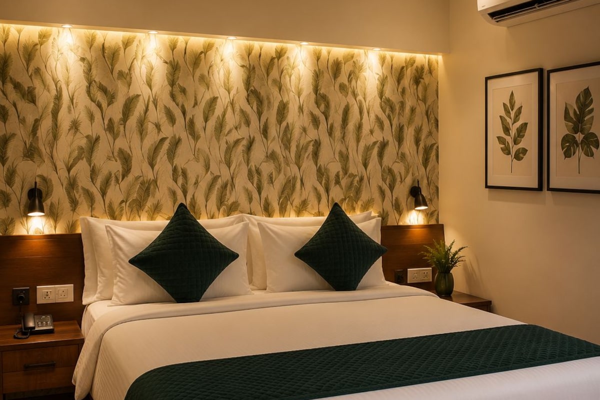 A hotel room with a bed, bedside lamps, a ceiling fan, and a wall with leaf-pattern wallpaper.