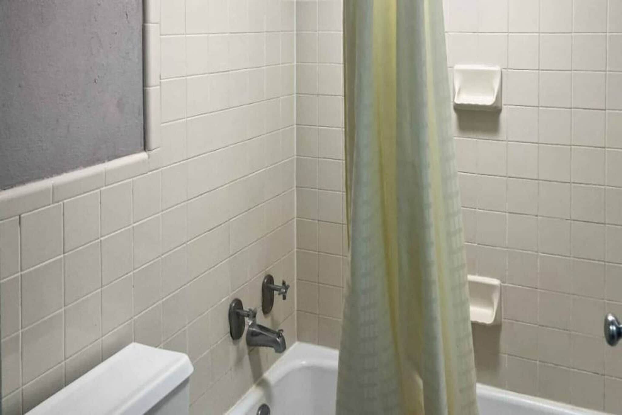 A bathroom with a bathtub, toilet, and a shower curtain.