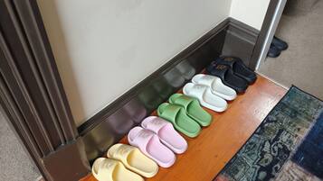 A set of slippers arranged in a row on a wooden floor next to a door.