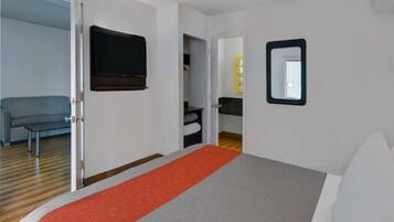 Una habitación de hotel con una cama, un televisor, un espejo y un sofá.