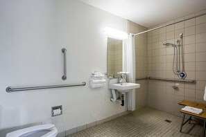 Un baño con inodoro, lavamanos y ducha. Hay barras de apoyo en las paredes y un espejo sobre el lavamanos.