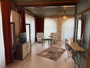 A living room with a television, two armchairs, a coffee table, and a patterned rug. - Leyla Cave House (Nevsehir)