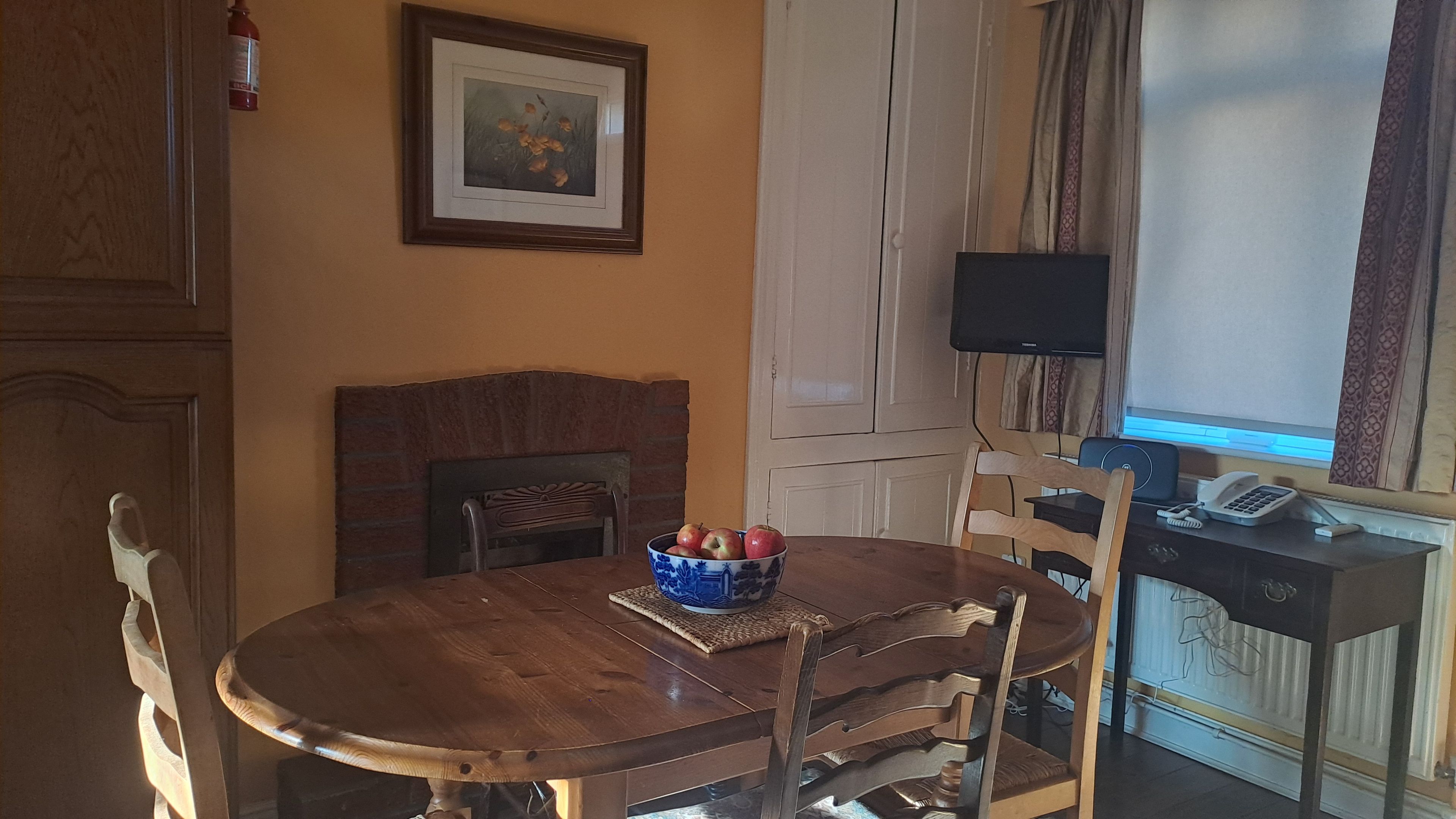 Un coin repas avec une table en bois, des chaises, un saladier de pommes, une cheminée et un téléviseur posé sur un meuble.
