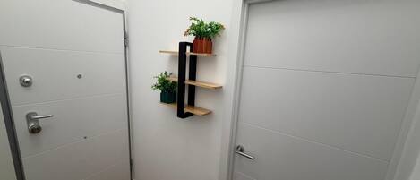 A hallway with a SALIDA sign, a directional EXIT sign, and a shelf with plants.