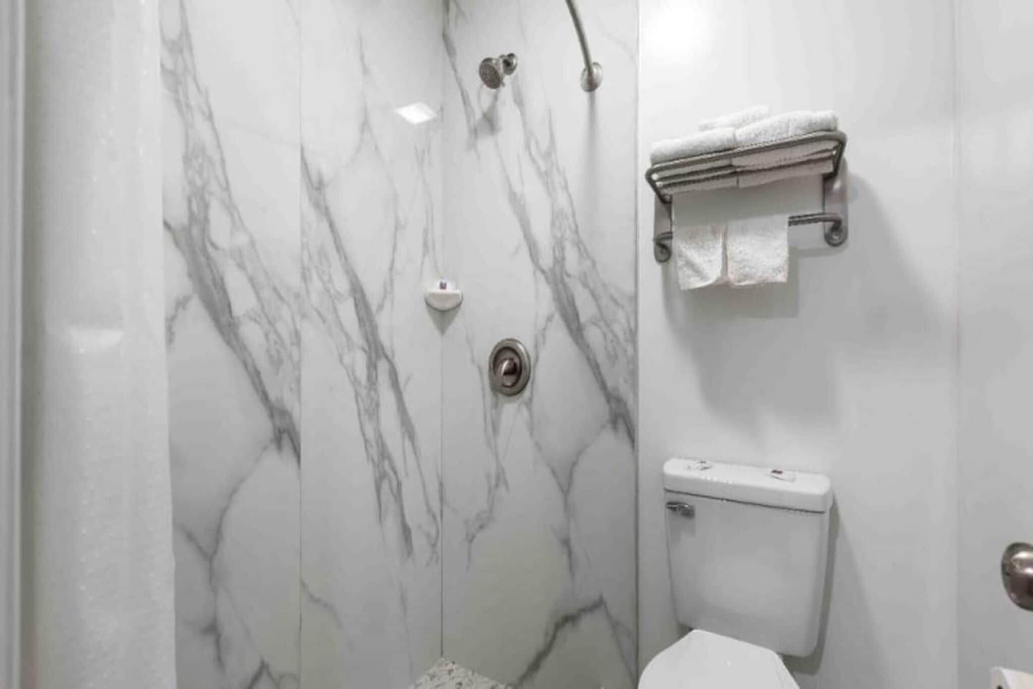 Un baño con pared de mármol, inodoro, ducha y toallero.