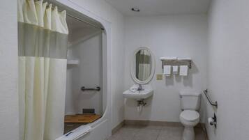 Un baño con ducha, inodoro, lavamanos y espejo.