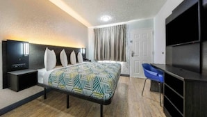 A hotel room with a bed, a desk, a chair, a television, and a door. - 1 Queen Bed|Smoking|Fort Worth (Fort Worth TX)