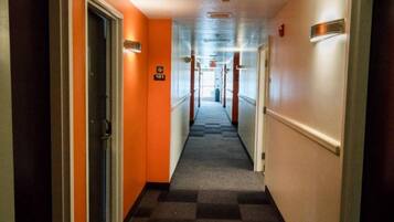 A hotel corridor with a checkered carpet, orange walls, and doors with signs.