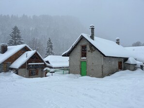 Une rangée de maisons recouvertes de neige, avec une porte verte, au milieu d’un paysage enneigé.