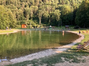 A natural setting with a pond, a wooden structure, and a forested area.