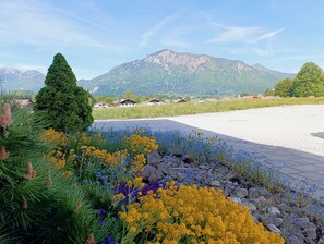 A mountainous landscape with a paved area in the foreground featuring a variety of flowers and a coniferous tree. - Achentalperle Vacation Rental (Unterwössen)