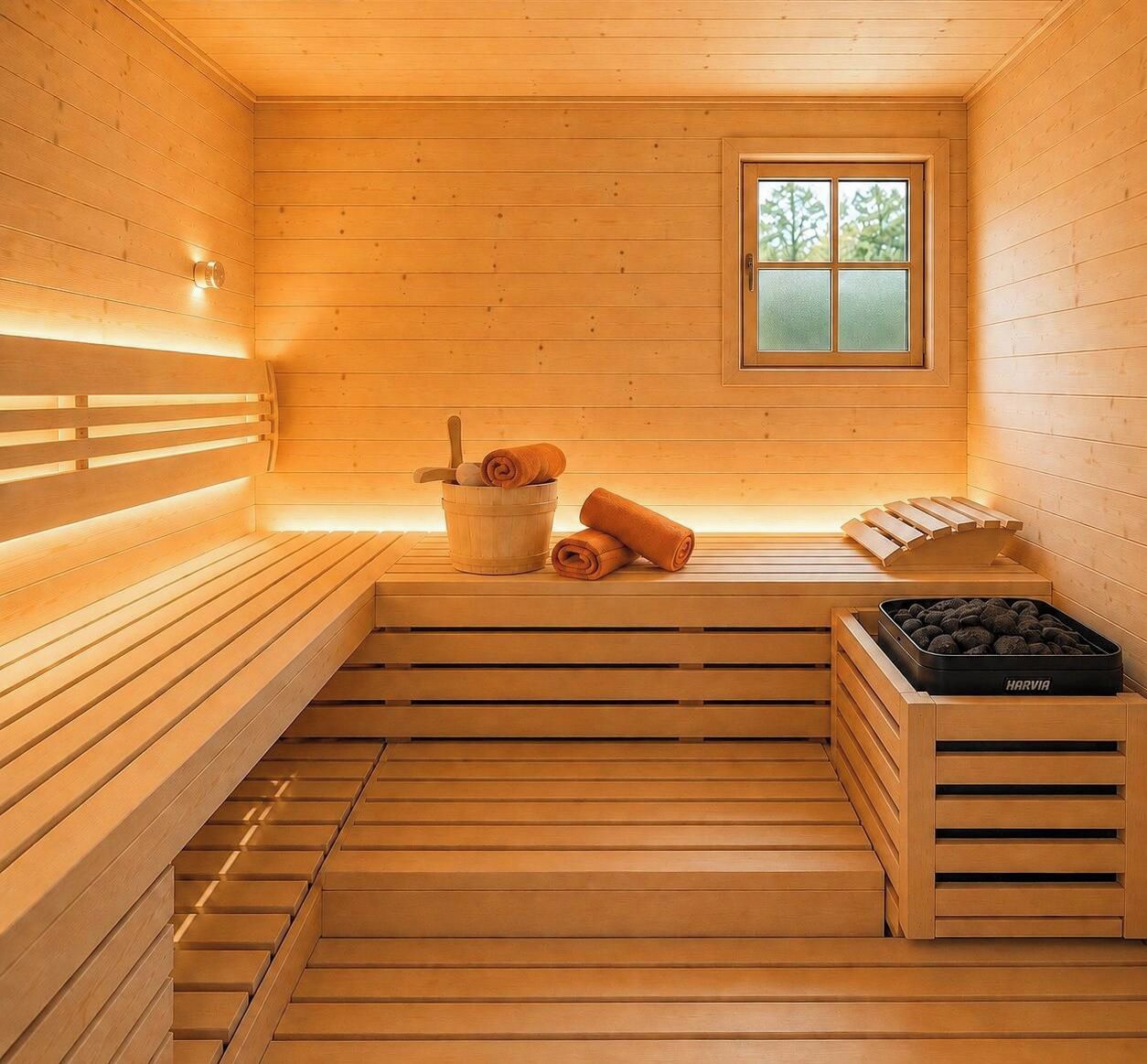 A sauna room with wooden benches, a window, a bucket, and a tray of stones.