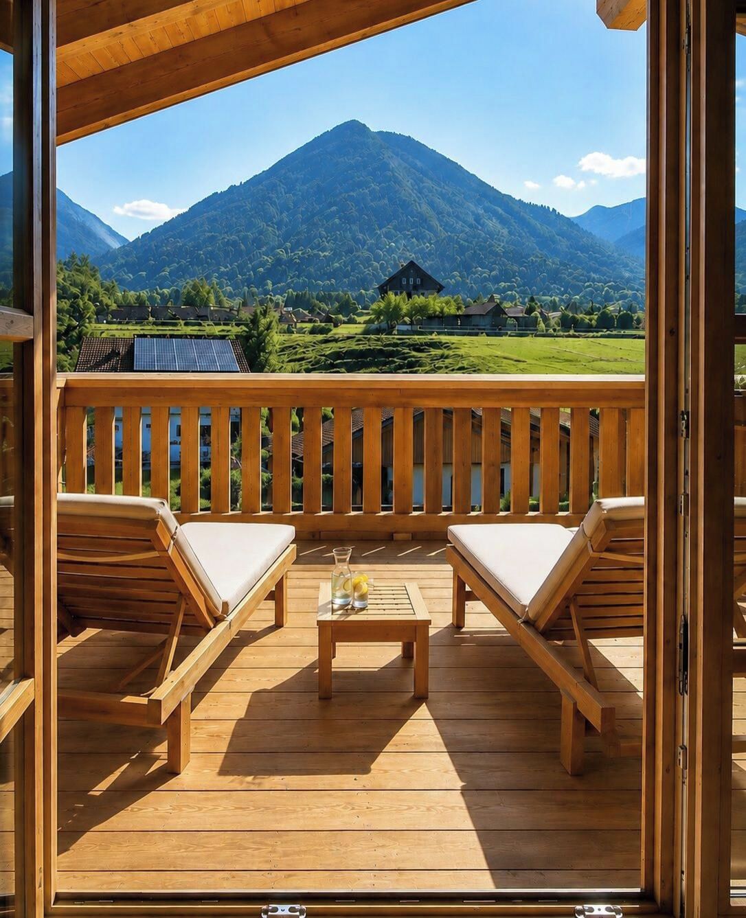 Eine Holzterrasse mit zwei Liegestühlen und einem Tisch, mit Blick auf eine Berglandschaft.