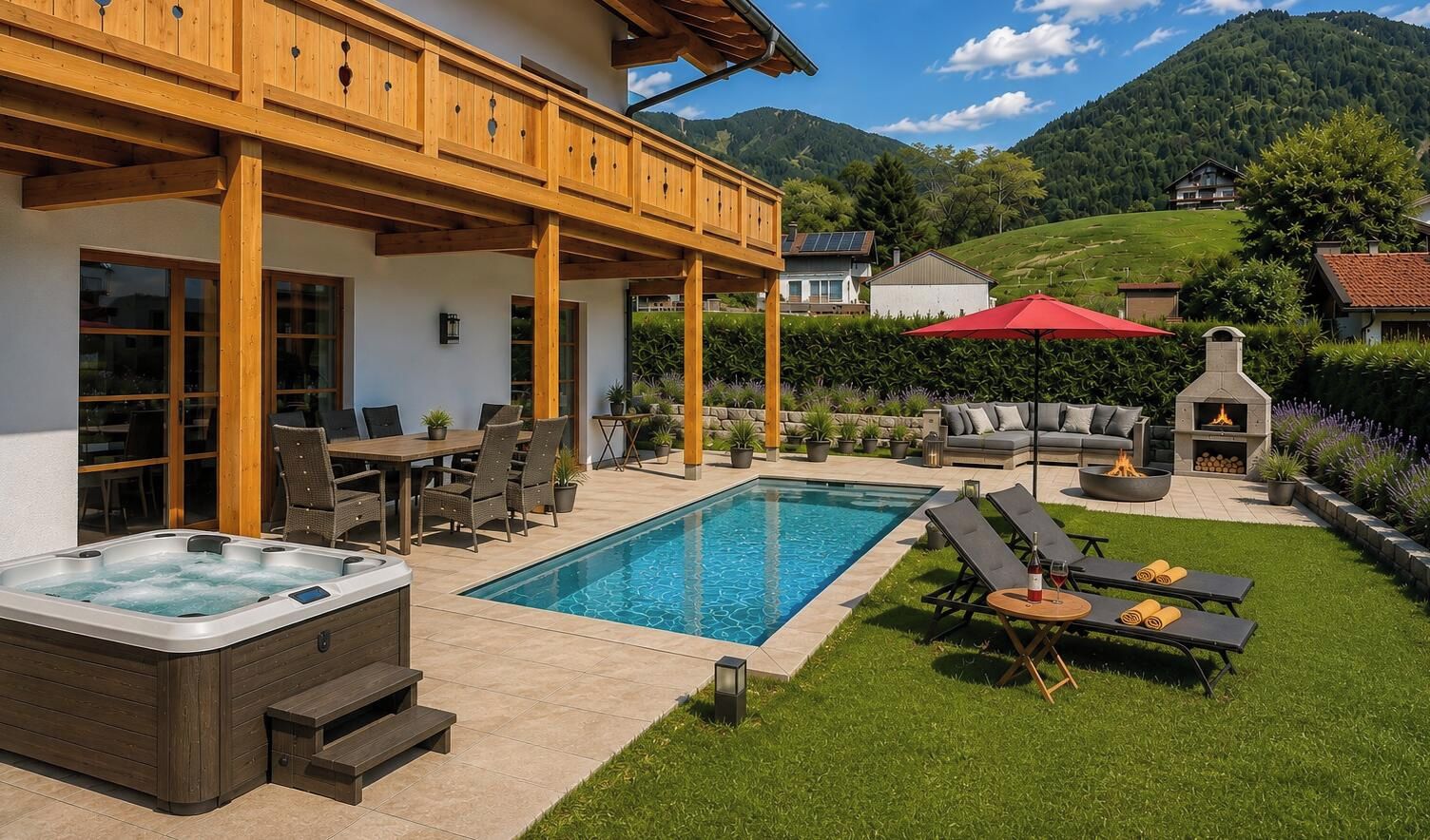 A modern outdoor pool area with a hot tub, lounge chairs, and a barbecue grill.