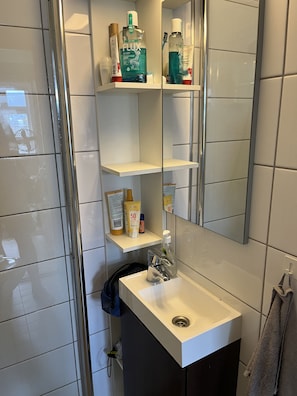 Un bagno con un lavandino bianco, uno specchio e mensole con articoli da toilette.