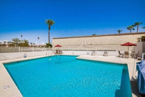 A clear blue pool with lounge chairs and umbrellas, surrounded by a white fence and palm trees. - 2 Full Beds | Micfridge (Youngtown)