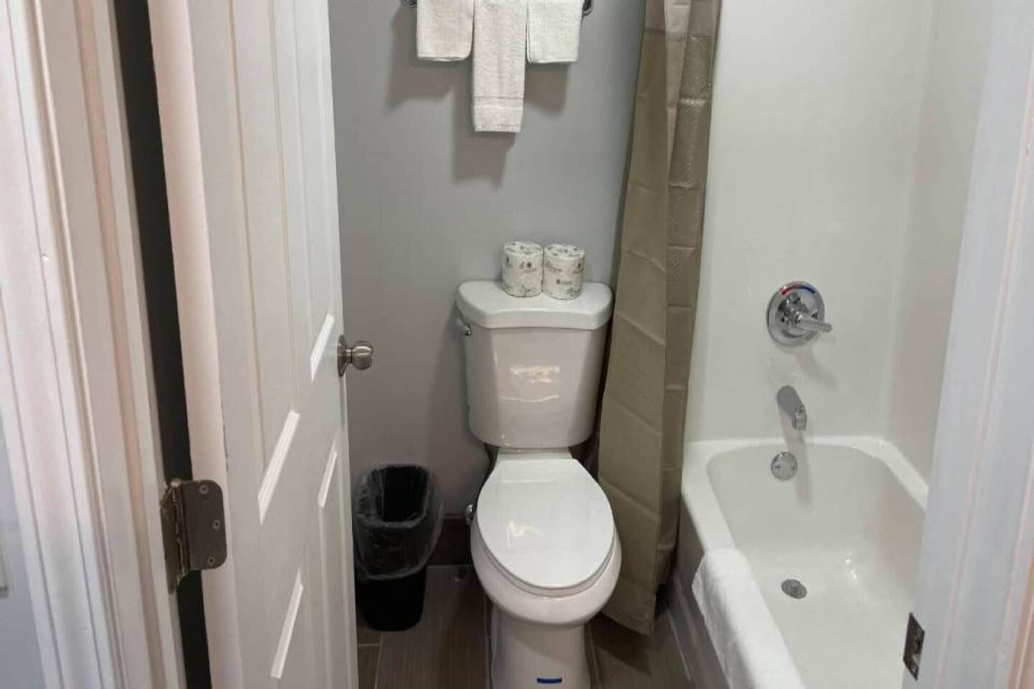 A bathroom with a toilet, a trash bin, and a bathtub.