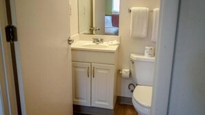 Een badkamer met een witte wastafel, spiegel en toilet.