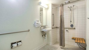 Ein Badezimmer mit Handläufe, Waschbecken, Dusche und Sitzbank.