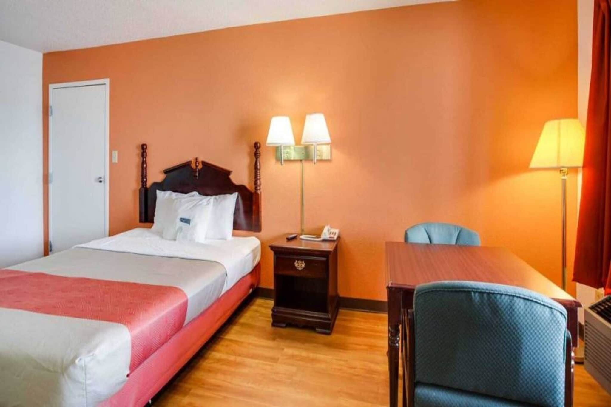 A hotel room with a bed, bedside table, lamp, chair, and a desk.