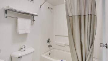 A bathroom with a toilet, a shower, and a bathtub.