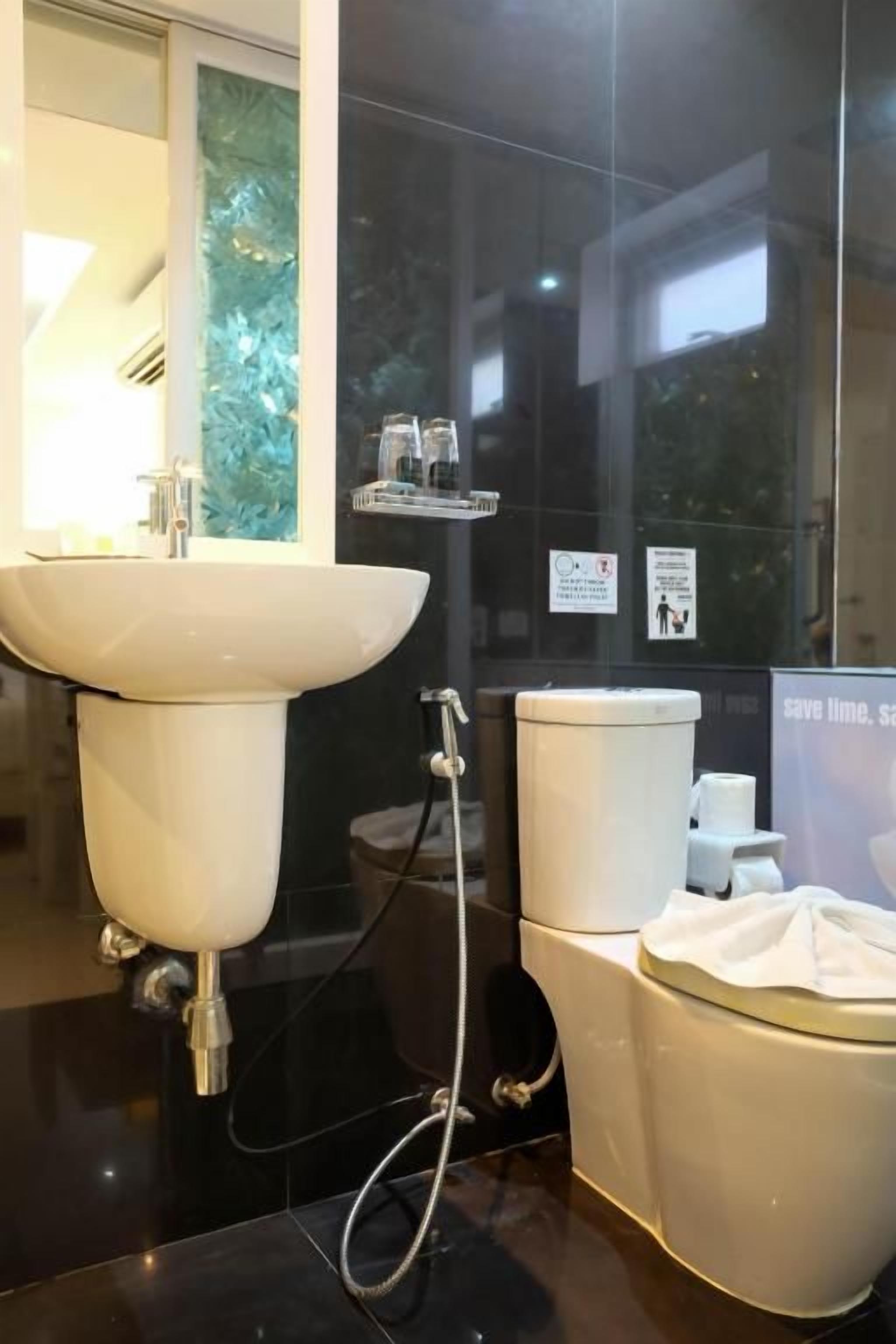 Een badkamer met een groot wit wastafel, toilet en douche. Boven het wastafel staan glazen flessen op een plank.