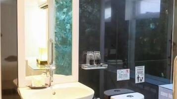 A modern bathroom with a large sink, mirror, and a glass shower enclosure.