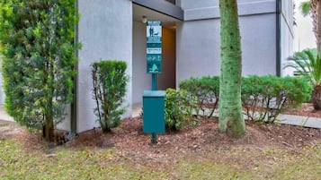 A building entrance with a waste station sign, surrounded by trimmed shrubs and a palm tree.