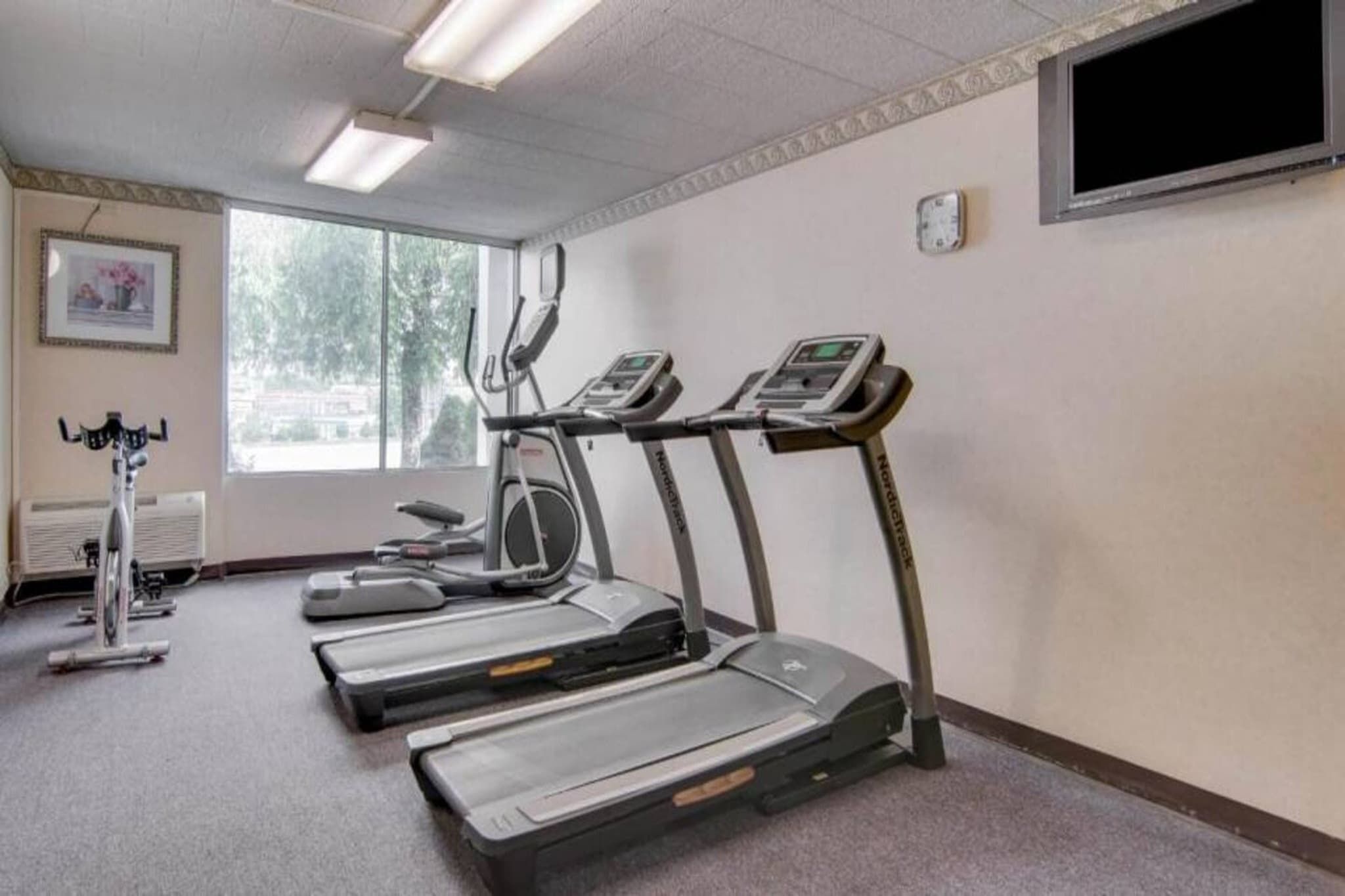 Un gimnasio con cintas de correr, una bicicleta estática y una máquina de remo.