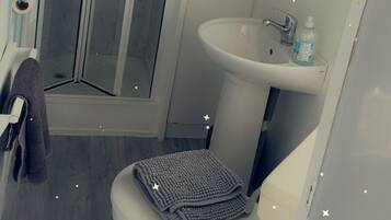 A bathroom with a shower, toilet, sink, and mirror.