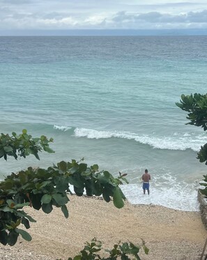 A beach with a person holding a surfboard, surrounded by greenery and calm sea.