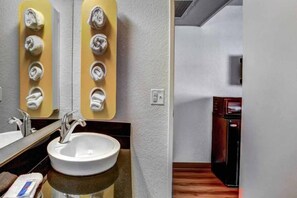 Ein Badezimmer mit Waschbecken, Spiegel, Handtuchspender und einer separaten Küchenzeile mit Herd.