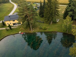 Ein Wohngebiet mit einem Haus, einem Teich und einer Straße.