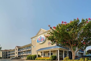 A hotel with a prominent '6.6' sign, multiple balconies, and a tree with pink flowers in the foreground. - 1 Queen Bed | Mobil Access Tub Smk Micfridg (Fayetteville)
