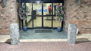 A hotel entrance with a brick facade, double doors, and two potted plants on either side.