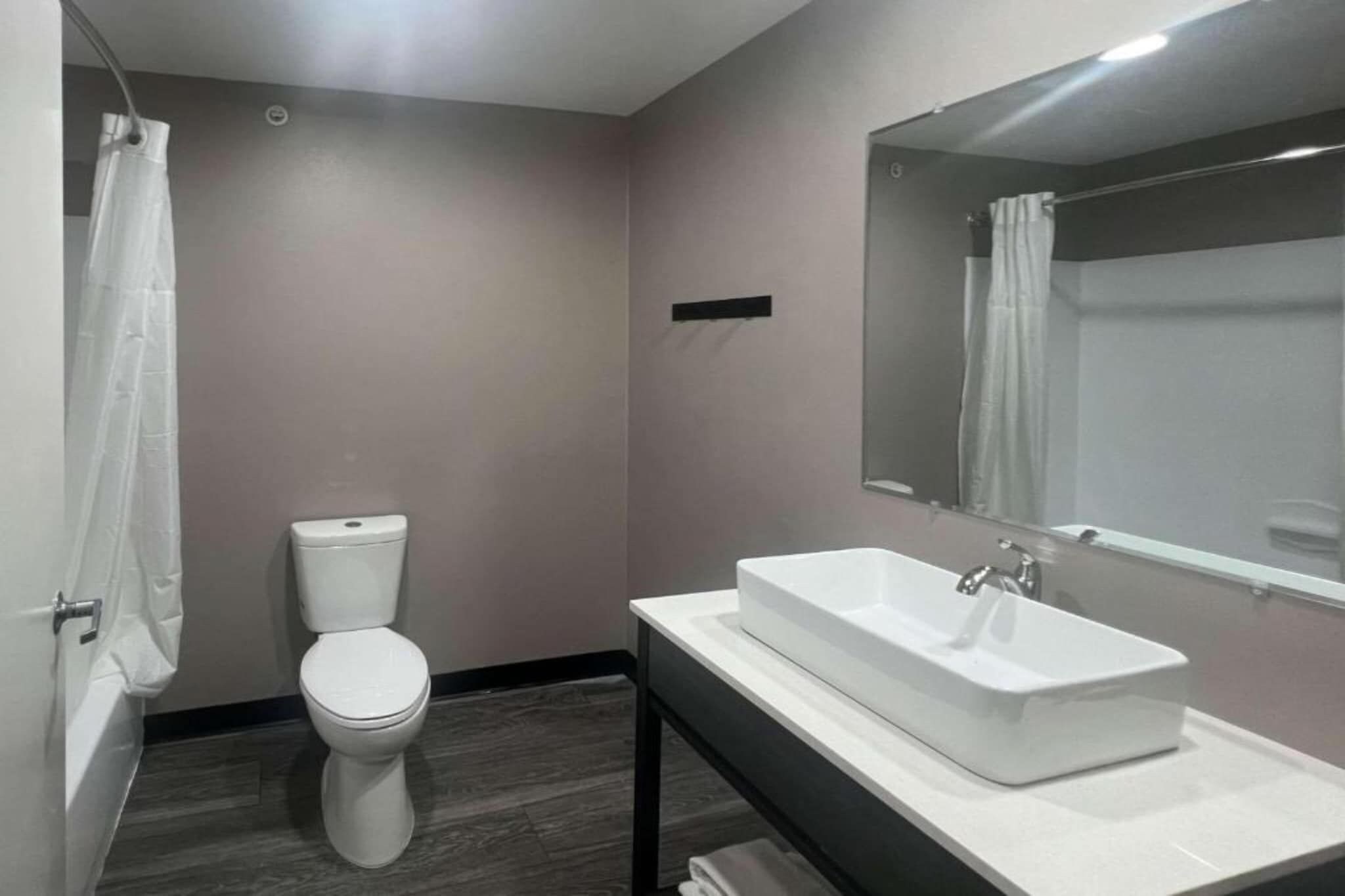 Ein Badezimmer mit Toilette, Waschbecken und Spiegel.