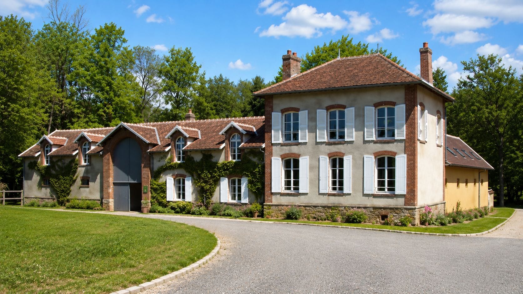 Ein großes, mehrstöckiges Haus mit Auffahrt und gepflegtem Rasen.