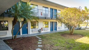 Um edifício com teto plano, galeria coberta e um pequeno jardim com palmeira e uma árvore jovem.