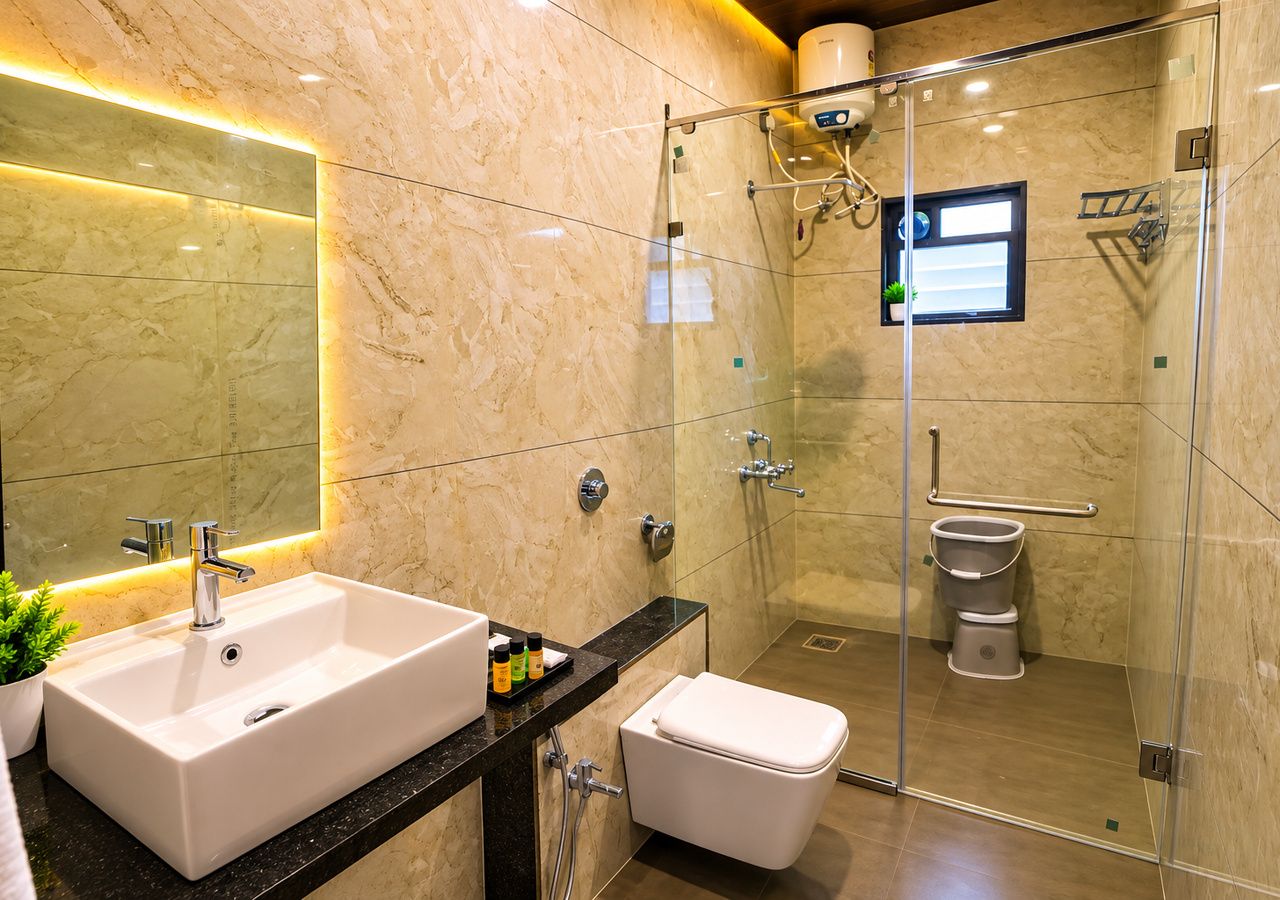 A modern bathroom with a glass-enclosed shower, a white sink, and a toilet.