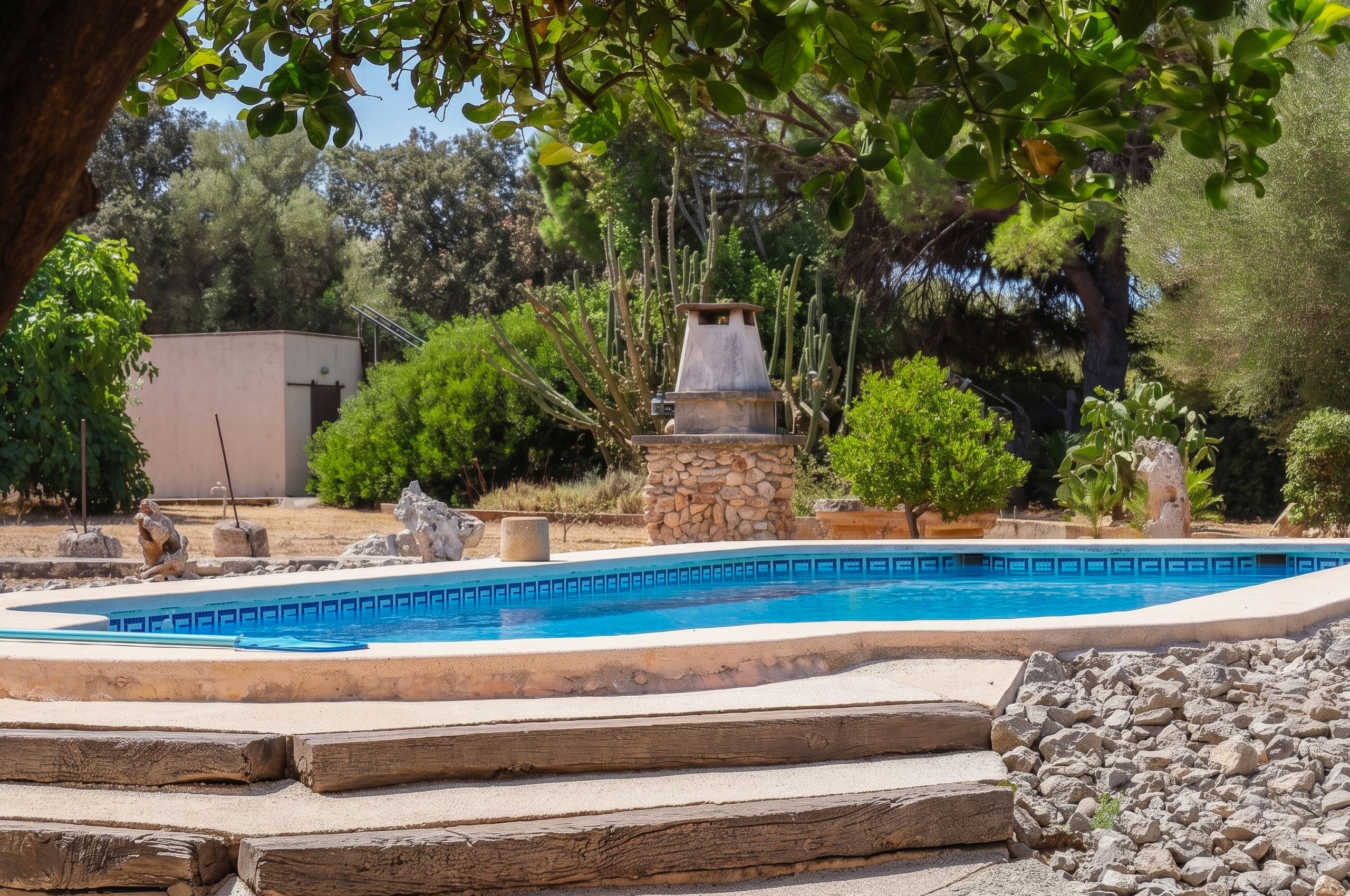Une piscine dotée d’une structure en pierre au centre, entourée de différentes plantes et arbres.