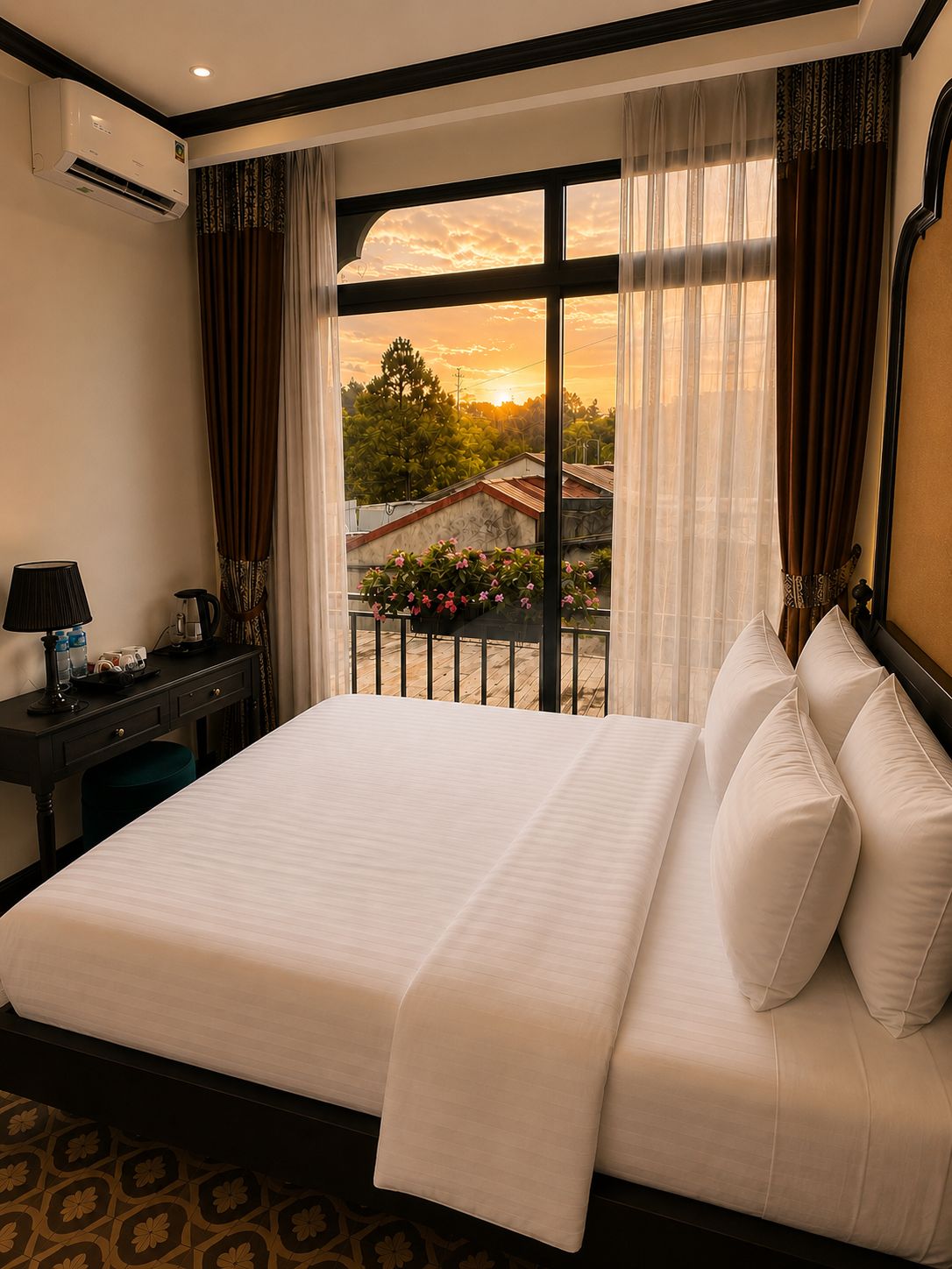 Habitación de hotel con una cama grande, un escritorio con lámpara y vistas a un atardecer desde la ventana.