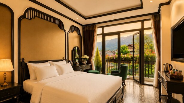 A hotel room with a large bed, a desk with a flat-screen TV, a balcony with a view of greenery and mountains. - D'Mont Boutique Hotel & Coffee (Sa Pa)
