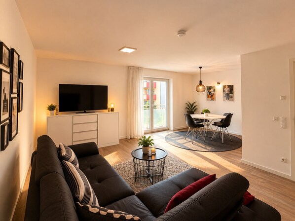 A modern living room with a sofa, a flat-screen TV, a dining area with a table and chairs, and a sliding glass door leading to an outdoor balcony.