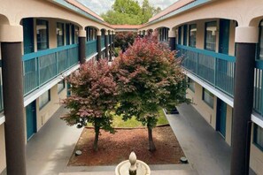 A courtyard with a central tree, surrounded by a building with blue railings and columns.